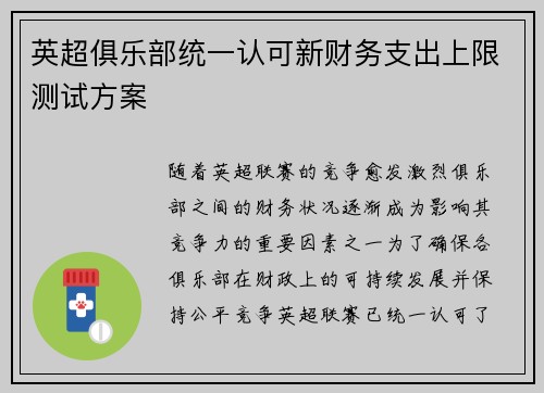 英超俱乐部统一认可新财务支出上限测试方案 英超俱乐部统一认可新财务支出上限测试方案